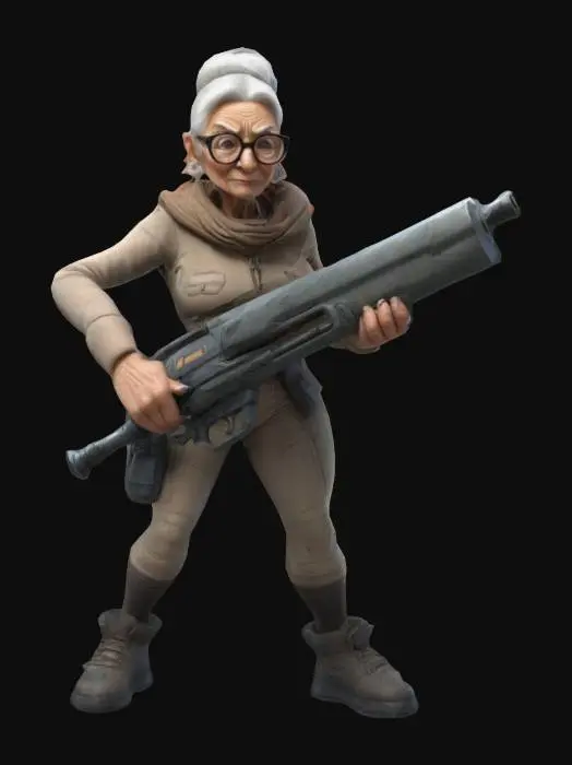 3D model for #ChronoForgeWeapon#, 
Ultra-réaliste, femme septuagénaire, style cartoon, avec chignon et lunettes, tenant une arme énorme futuriste, une main sur la gâchette, l'autre sous l'arme pour la soutenir. Visage dur et position de guerrière, femme bien proportionnée, bien éclairée. Lignes nettes et précises. Textures très détaillées. Doigts et orteils précis, couleurs vibrantes, hyperréalisme 4K, Corps entier, conception pour jeu vidéo, haute qualité, pas de cheveux, pas de ceinture, pas de manteau.