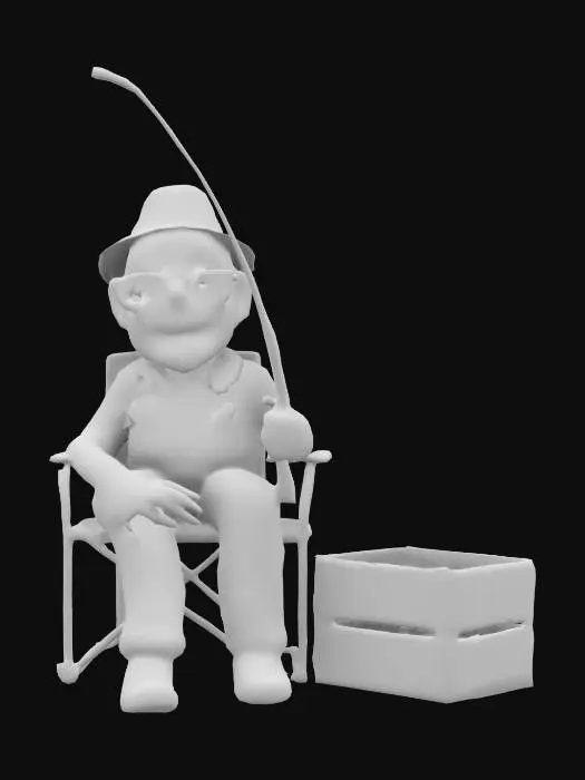 3D model for #ChronoForgeWeapon#, 
Ultra-réaliste, Homme 70 ans avec des lunettes et un bob sur la tête, Style Cartoon, assis sur une chaise de camping, tenant une canne à pêche, à côté de lui sur le sol une grosse caisse en bois de dynamite. Corps entier, expression concentrée, bien proportionné, bien éclairé. Lignes nettes et précises. Textures détaillée. Doigts et orteils précis, couleurs vives, hyperréalisme 4K, conception pour jeux vidéo, qualité supérieure, pas de cheveux,  pas de manteau. 