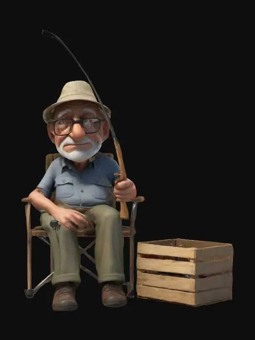 3D model for #ChronoForgeWeapon#, 
Ultra-réaliste, Homme 70 ans avec des lunettes et un bob sur la tête, Style Cartoon, assis sur une chaise de camping, tenant une canne à pêche, à côté de lui sur le sol une grosse caisse en bois de dynamite. Corps entier, expression concentrée, bien proportionné, bien éclairé. Lignes nettes et précises. Textures détaillée. Doigts et orteils précis, couleurs vives, hyperréalisme 4K, conception pour jeux vidéo, qualité supérieure, pas de cheveux,  pas de manteau. 