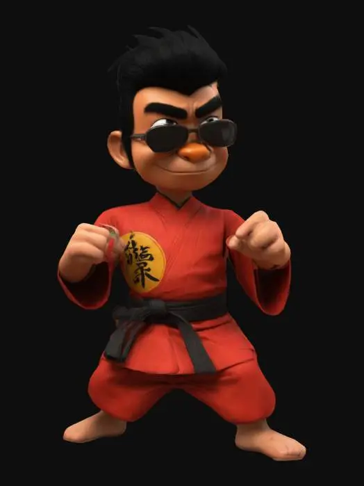3D model for #ChronoForgeWeapon#,  Style cartoon, Hong Kong Fou Fou le roi du kung-fu, issue de la série tv   produite par le studio Hanna-Barbera en 1974 "Hong Kong Phooey". Personnage en kimono rouge et ceinture noire en position de combat. Bonnes proportions, Lignes nettes et précises. Textures détaillées. Doigts et orteils précis, couleurs vibrantes, hyperréalisme 4K, Corps entier, pour jeu vidéo, pas de cheveux, pas de manteau.