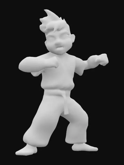 3D model for #ChronoForgeWeapon#,  Style cartoon, Hong Kong Fou Fou le roi du kung-fu, issue de la série tv   produite par le studio Hanna-Barbera en 1974 "Hong Kong Phooey". Personnage en kimono rouge et ceinture noire en position de combat. Bonnes proportions, Lignes nettes et précises. Textures détaillées. Doigts et orteils précis, couleurs vibrantes, hyperréalisme 4K, Corps entier, pour jeu vidéo, pas de cheveux, pas de manteau.