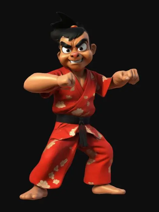 3D model for #ChronoForgeWeapon#,  Style cartoon, Hong Kong Fou Fou le roi du kung-fu, issue de la série tv   produite par le studio Hanna-Barbera en 1974 "Hong Kong Phooey". Personnage en kimono rouge et ceinture noire en position de combat. Bonnes proportions, Lignes nettes et précises. Textures détaillées. Doigts et orteils précis, couleurs vibrantes, hyperréalisme 4K, Corps entier, pour jeu vidéo, pas de cheveux, pas de manteau.