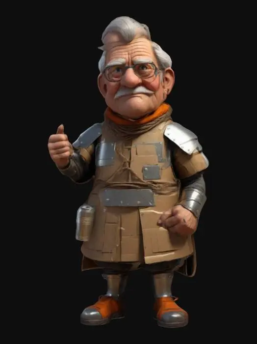 3D model for Dans un style cartoon, un grand-père bricoleur construit dans son atelier, une armure avec du carton, des boîtes de conserve, de la ficelle et du ruban adhésif. Humour et tendresse. Corps entier, Conçu pour les jeux vidéo, Texture réaliste très détaillée, Art numérique, 4k, Détails fins, lignes nettes, Couleurs vibrantes, Corps entier., #ChronoForgeWeapon#