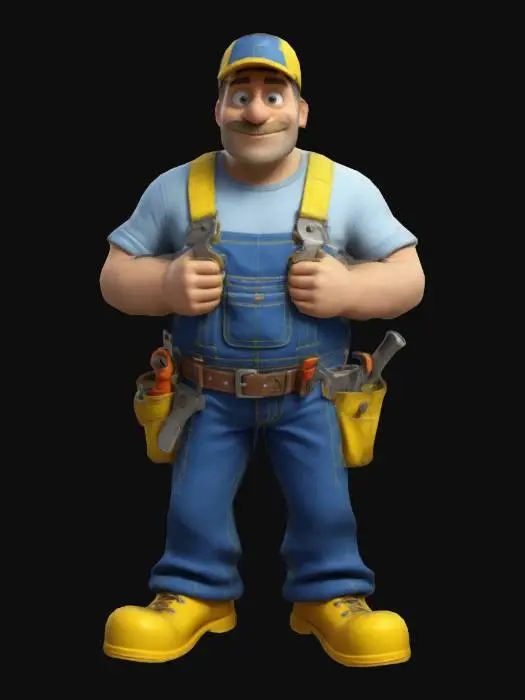 3D model for Dans un style cartoon, Un homme menuisier, costaud, en salopette bleue, des chaussure de sécurité jaune, une ceinture avec des outils, fixée a la taille, pose Humoristique. Corps entier, Conçu pour les jeux vidéo, Texture réaliste très détaillée, Art numérique, 4k, Détails fins, lignes nettes, Couleurs vibrantes, Corps entier.