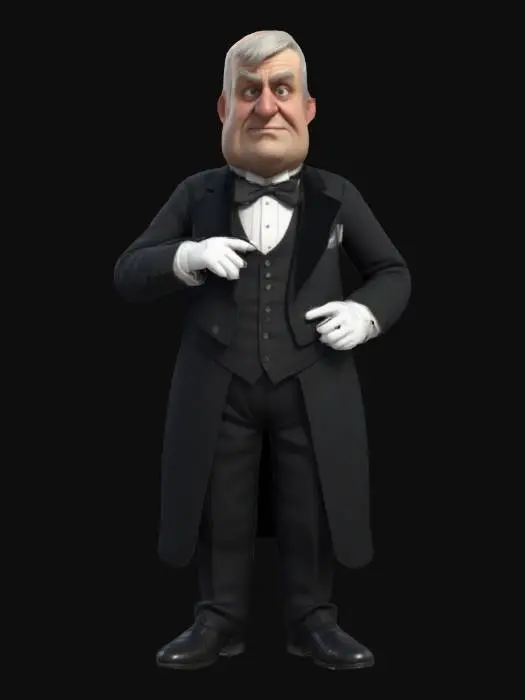 3D model for Style cartoon, ultraréaliste, Majordome d'une cinquantaine d'années, style anglais du début du 20e siècle, veste à queue de pie, nœud papillon, gants blancs, posture droite, visage figé et air constipé, 
. Corps entier, Conçu pour les jeux vidéo, Texture réaliste et très détaillée, Art numérique, 4k, Détails fins, Lignes épurées, Couleurs vives, Corps entier.
