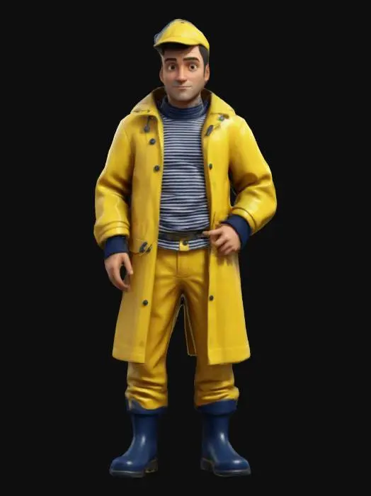 3D model for Style cartoon, Beau Marin pêcheur en ciré jaune, avec un pull marin bleu marine rayé blanc, avec une salopette de la même matière que le ciré, et avec des bottes de marin. l'homme est fort. Pause cool mais déterminée. Corps entier, Conçu pour les jeux vidéo, Texture réaliste et très détaillée, Art numérique, 4k, Détails fins, Lignes épurées, Couleurs vives, Corps entier.