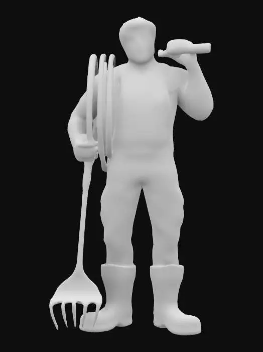 3D model for De style Cartoon,  Un jardinier en salopette beige et bottes en caoutchouc vertes. Un rouleau de tuyau d'arrosage autour de l'épaule gauche, l'homme est fort. L'homme est sympathique mais rustique, tient un grand râteau à feuilles dans sa main droite. Corps entier, Conçu pour les jeux vidéo, Texture réaliste et très détaillée, Art numérique, 4k, Détails fins, Lignes épurées, Couleurs vives, Corps entier.