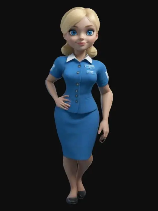 3D model for Dans un style cartoon, Ultra-réaliste,  Une belle Hôtesses de l'aire de la compagnie Américaine Pan Am. Cheveux blond et yeux bleu, Pause sereine et   déterminée. Corps entier, Conçu pour les jeux vidéo, Texture réaliste et très détaillée, Art numérique, 4k, Détails fins, Lignes épurées, Couleurs vives, Corps entier.