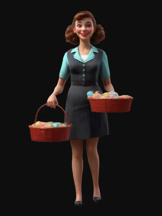 3D model for Dans un style cartoon, Ultra réaliste, Une belle Femme Ouvreuse de cinéma dans les années 1950  avec son panier a friandises. Personnage enjouée. Corps entier, Anatomie humaine réaliste. Conçu pour les jeux vidéo, Texture réaliste et très détaillée, Art numérique, 4k, Détails fins, Lignes épurées, Couleurs vives, Corps entier, 3D optimisée et de haute qualité.