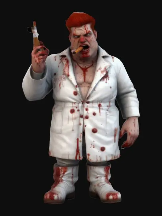 3D model for Des Style Cartoon, Ultra réaliste, Corps entier, Gros boucher charcutier rougeaud, en blouse blanche pas très propre  avec des trace de sangs, chaussures des bottes 
 blanches avec aussi des traces . Il a des cheveux gras, une cigarette a la bouche, La peau est luisante. Pause cool et frimeur. Corps entier, Conçu pour les jeux vidéo, Texture réaliste et très détaillée, Art numérique, 4k, Détails fins, Lignes épurées, Couleurs vives, Corps entier.