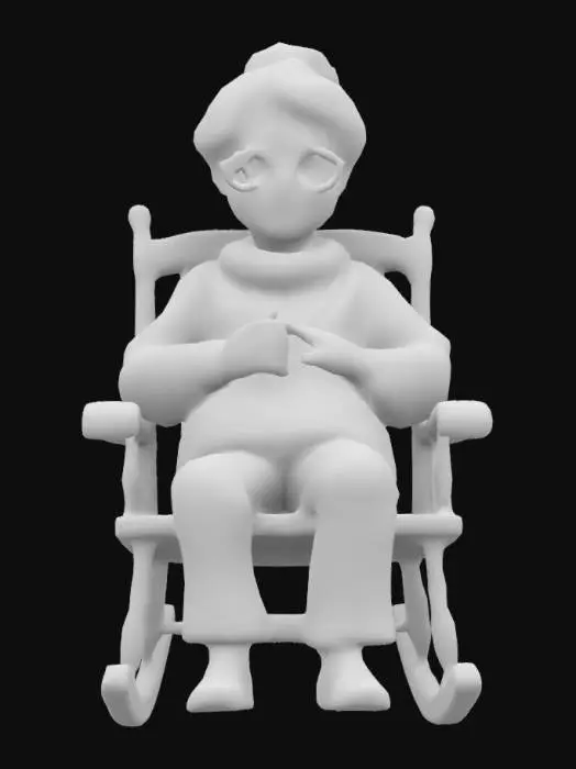 3D model for Ultra-réaliste, femme septuagénaire, style cartoon, avec chignon et lunettes, tricote un chandails.  Position assise dans un rockingchair, femme bien proportionnée, bien éclairée. Lignes nettes et précises. Textures très détaillées. Doigts et orteils précis, couleurs vibrantes, hyperréalisme 4K, Corps entier, conception pour jeu vidéo, haute qualité, pas de cheveux, pas de ceinture, pas de manteau. #women#