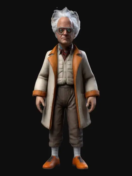 3D model for #game figure#, Ultra-réaliste, Dr. Emmett Brown, le personnage du film "retour vers le futur". Corps entier, Conçu pour les jeux vidéo, Texture réaliste et très détaillée, Art numérique, Détails fins, Lignes épurées, Couleurs vives, Corps entier. #game figure#,
