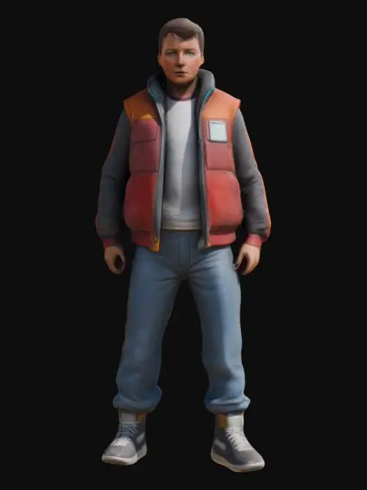 3D model for #game figure#,  Ultra-réaliste, marty mcfly, le personnage du film "retour vers le futur".  Corps entier, Conçu pour les jeux vidéo, Texture réaliste et très détaillée, Art numérique, Détails fins, Lignes épurées, Couleurs vives, Corps entier. #game figure#, 