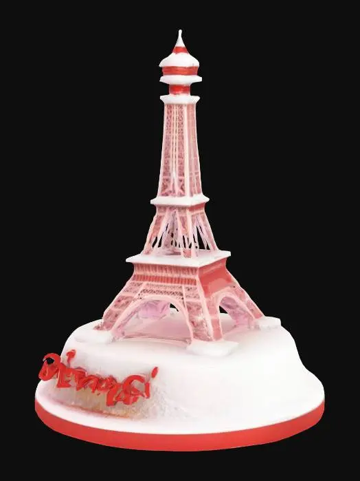 3D model for #emblem#, Ultra-réaliste, Boule a neige tour Eiffel, Avec l'inscription Boule à neige Tour Eiffel, avec l'inscription "I love Paris.❤" . Bien éclairé. Lignes nettes et précises. Textures détaillée. Couleurs vives, hyperréalisme 4K, conception pour jeux vidéo, qualité supérieure, 