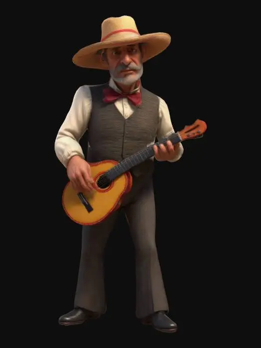 3D model for Style cartoon, ultraréaliste, Poète Flamenco, d'une cinquantaine d'années, style espagnol du début du 20e siècle, posture droite, air Inspiré par son poème . Corps entier, Conçu pour les jeux vidéo, Texture réaliste et très détaillée, Art numérique, 4k, Détails fins, Lignes épurées, Couleurs vives, Corps entier.
