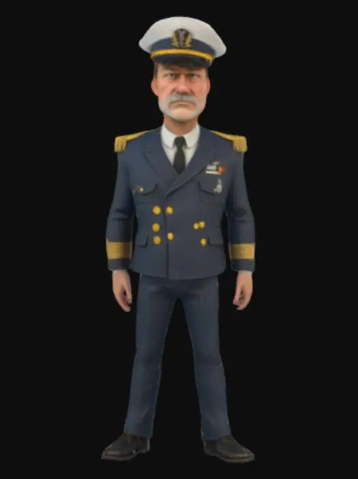 3D model for #ocean#, Style cartoon, Ultra-réaliste, Capitaine smith du Titanic. Pause fière, déterminée. Corps entier, Conçu pour les jeux vidéo, Texture réaliste et très détaillée, Art numérique, 4k, Détails fins, Lignes épurées, Couleurs vives, Corps entier., #ocean#