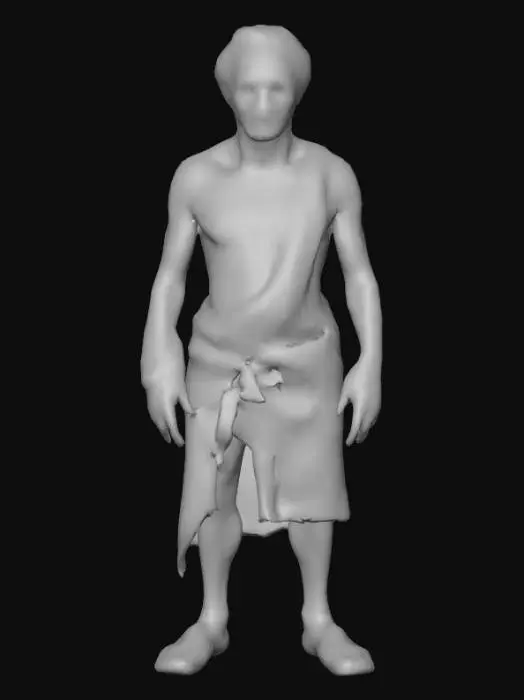 3D model for Un homme du Moyen Âge, le corps maigre et la peau pâle, porte des vêtements usés de toile rugueuse. Son visage émacié est marqué par une multitude de petites pustules de couleur rougeâtre, certaines légèrement enflées, d'autres plus plates, qui se répandent également sur ses mains et son cou. La texture de sa peau est visiblement altérée et irrégulière, donnant un aspect maladif et fiévreux. Ses yeux sont enfoncés et son teint cireux accentue sa fragilité.