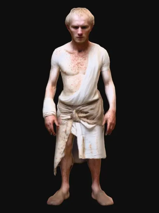 3D model for Un homme du Moyen Âge, le corps maigre et la peau pâle, porte des vêtements usés de toile rugueuse. Son visage émacié est marqué par une multitude de petites pustules de couleur rougeâtre, certaines légèrement enflées, d'autres plus plates, qui se répandent également sur ses mains et son cou. La texture de sa peau est visiblement altérée et irrégulière, donnant un aspect maladif et fiévreux. Ses yeux sont enfoncés et son teint cireux accentue sa fragilité.