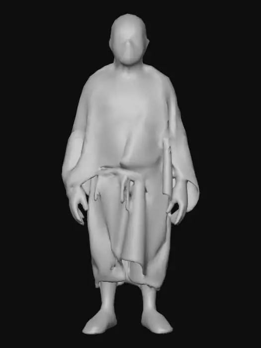 3D model for Un homme du Moyen Âge, le corps maigre et la peau pâle, porte des vêtements usés de toile rugueuse. Son visage émacié est marqué par une multitude de petites pustules de couleur rougeâtre, certaines légèrement enflées, d'autres plus plates, qui se répandent également sur ses mains et son cou. La texture de sa peau est visiblement altérée et irrégulière, donnant un aspect maladif et fiévreux. Ses yeux sont enfoncés et son teint cireux accentue sa fragilité.