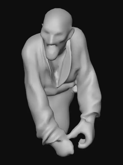 3D model for #villain#, Un homme très méchants. La peau marbrée et de teintes rougeo. Des déchirures dans les vêtements exposent des tissus sombres et humides. Son visage figé dans un rictus de haine, les yeux enfoncées dans leurs orbites profondes. Des lambeaux de vêtements sales pendent de sa masse grotesque.