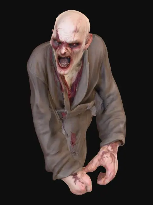 3D model for #villain#, Un homme très méchants. La peau marbrée et de teintes rougeo. Des déchirures dans les vêtements exposent des tissus sombres et humides. Son visage figé dans un rictus de haine, les yeux enfoncées dans leurs orbites profondes. Des lambeaux de vêtements sales pendent de sa masse grotesque.