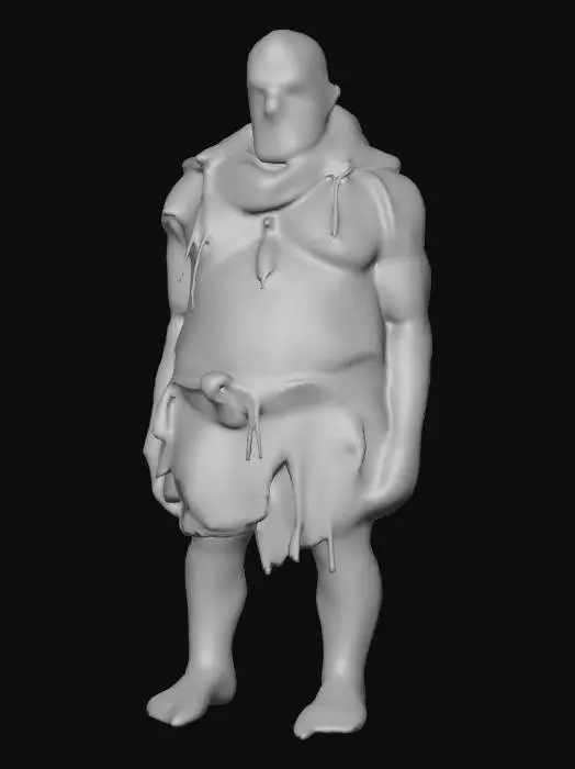 3D model for #villain#, Un homme très méchants. La peau marbrée et de teintes rougeo. Des déchirures dans les vêtements exposent des tissus sombres et humides. Son visage figé dans un rictus de haine, les yeux enfoncées dans leurs orbites profondes. Des lambeaux de vêtements sales pendent de sa masse grotesque.