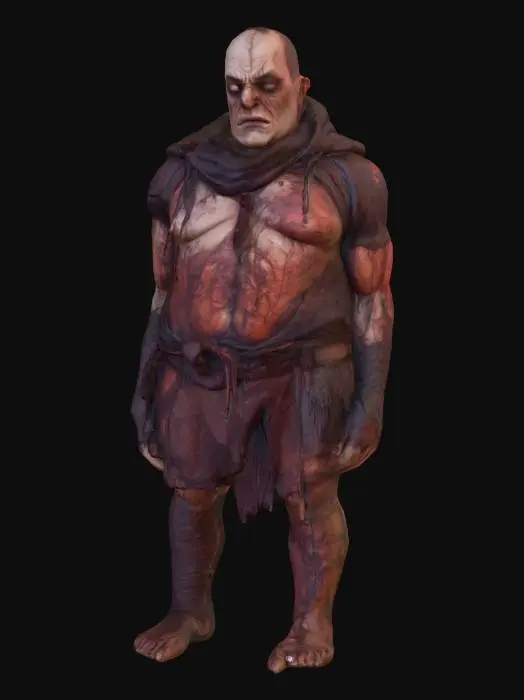 3D model for #villain#, Un homme très méchants. La peau marbrée et de teintes rougeo. Des déchirures dans les vêtements exposent des tissus sombres et humides. Son visage figé dans un rictus de haine, les yeux enfoncées dans leurs orbites profondes. Des lambeaux de vêtements sales pendent de sa masse grotesque.