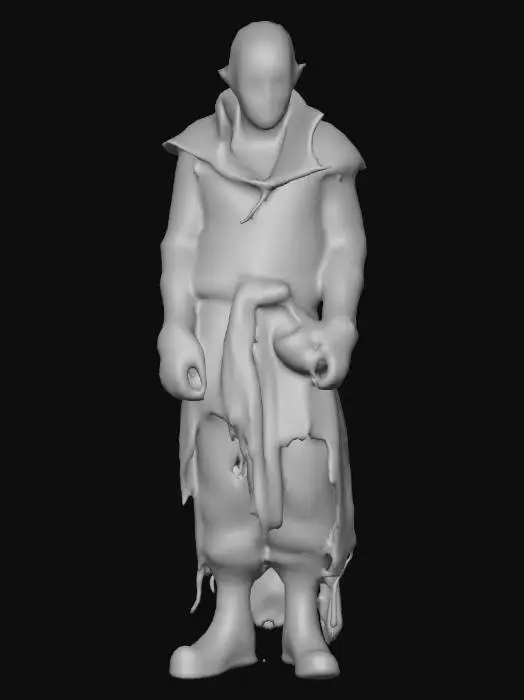 3D model for #villain#, Un homme très méchants. La peau marbrée et de teintes rougeo. Des déchirures dans les vêtements exposent des tissus sombres et humides. Son visage figé dans un rictus de haine, les yeux enfoncées dans leurs orbites profondes. Des lambeaux de vêtements sales pendent de sa masse grotesque.
