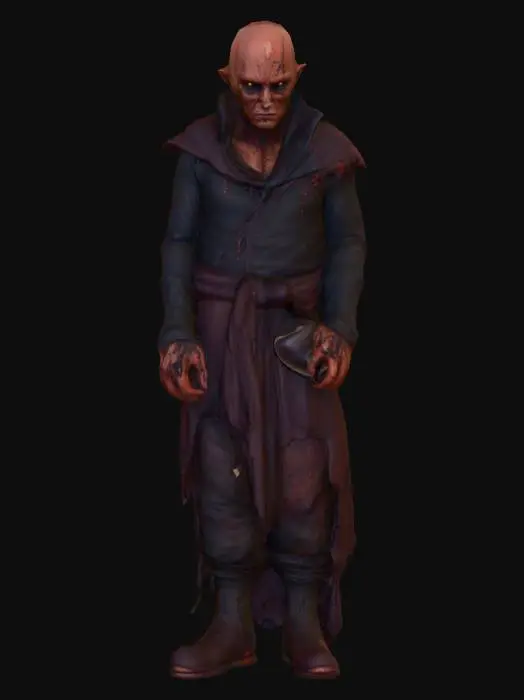 3D model for #villain#, Un homme très méchants. La peau marbrée et de teintes rougeo. Des déchirures dans les vêtements exposent des tissus sombres et humides. Son visage figé dans un rictus de haine, les yeux enfoncées dans leurs orbites profondes. Des lambeaux de vêtements sales pendent de sa masse grotesque.