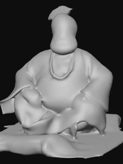 3D model for Un Alibaba corpulent, vêtu d'une tunique ample en soie de couleur rubis et d'un turban crème brodé d'or, est assis en tailleur sur un tapis volant. Le tapis, de forme rectangulaire, est tissé de fils d'or et de pourpre, avec des motifs géométriques complexes et des franges épaisses aux extrémités. Sa texture est douce et moelleuse au toucher, contrastant avec les broderies légèrement rugueuses. Les plis et ondulations du tapis suggèrent son mouvement aérien, sa surface chatoyante.