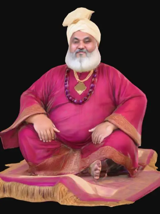 3D model for Un Alibaba corpulent, vêtu d'une tunique ample en soie de couleur rubis et d'un turban crème brodé d'or, est assis en tailleur sur un tapis volant. Le tapis, de forme rectangulaire, est tissé de fils d'or et de pourpre, avec des motifs géométriques complexes et des franges épaisses aux extrémités. Sa texture est douce et moelleuse au toucher, contrastant avec les broderies légèrement rugueuses. Les plis et ondulations du tapis suggèrent son mouvement aérien, sa surface chatoyante.