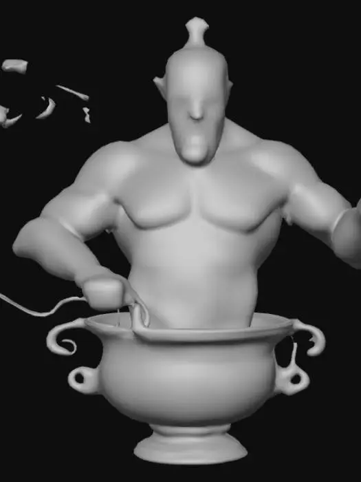 3D model for Le Génie émerge d'une lampe à huile en laiton patiné, de forme élégante et incurvée, ornée de gravures orientales fines. La lampe présente une texture lisse mais avec des marques d'usure et des reflets dorés ternis. Le Génie apparaît d'abord comme une colonne de fumée bleue iridescente et tourbillonnante, se solidifiant progressivement en un torse musclé et imposant. Sa peau est d'un bleu profond, ses bras puissants et ses traits faciaux expressifs sont entourés de volutes de fumée éthérée, tandis que sa moitié inférieure reste une traînée de brume qui s'échappe du bec de la lampe.