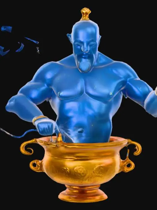 3D model for Le Génie émerge d'une lampe à huile en laiton patiné, de forme élégante et incurvée, ornée de gravures orientales fines. La lampe présente une texture lisse mais avec des marques d'usure et des reflets dorés ternis. Le Génie apparaît d'abord comme une colonne de fumée bleue iridescente et tourbillonnante, se solidifiant progressivement en un torse musclé et imposant. Sa peau est d'un bleu profond, ses bras puissants et ses traits faciaux expressifs sont entourés de volutes de fumée éthérée, tandis que sa moitié inférieure reste une traînée de brume qui s'échappe du bec de la lampe.