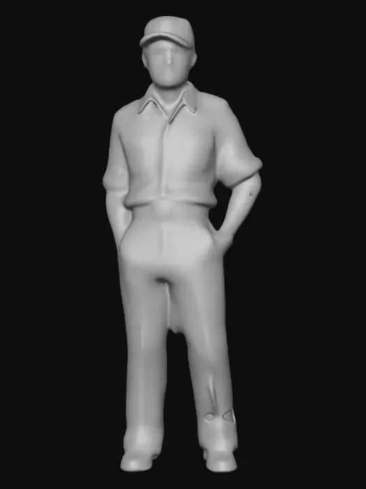 3D model for Style cartoon ultraréaliste,Un pompiste des années 1960, un homme soigné à la corpulence moyenne, porte un uniforme impeccable composé d'une chemise à manches courtes bleu clair avec des épaulettes et un pantalon assorti. Un écusson brodé du logo d'une compagnie pétrolière orne sa poitrine, et une petite plaque nominative en métal brillant est épinglée. Il est coiffé d'une casquette assortie à visière, d'un bleu plus foncé, avec le même logo. Sa tenue est en tissu coton-polyester, d'une texture nette et un peu rigide, tandis qu'il tient un chiffon propre et un pistolet de pompe à essence chromé.
