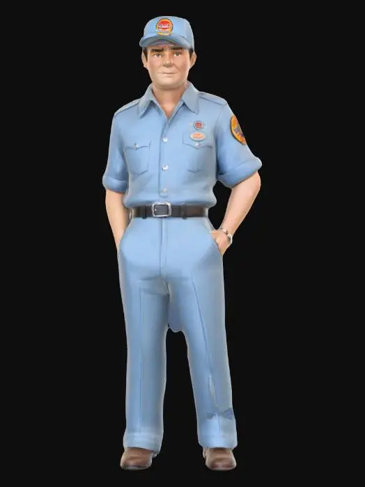 3D model for Style cartoon ultraréaliste,Un pompiste des années 1960, un homme soigné à la corpulence moyenne, porte un uniforme impeccable composé d'une chemise à manches courtes bleu clair avec des épaulettes et un pantalon assorti. Un écusson brodé du logo d'une compagnie pétrolière orne sa poitrine, et une petite plaque nominative en métal brillant est épinglée. Il est coiffé d'une casquette assortie à visière, d'un bleu plus foncé, avec le même logo. Sa tenue est en tissu coton-polyester, d'une texture nette et un peu rigide, tandis qu'il tient un chiffon propre et un pistolet de pompe à essence chromé.