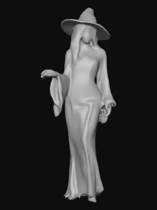 3D model for Une très belle sorcière de Salem, à la silhouette élancée et gracieuse. Elle est vêtue d'une longue robe en velours noir profond, d'une texture riche et douce, avec des manches évasées et des accents de dentelle fine. Son chapeau conique, en feutre sombre et rigide, met en valeur son visage aux traits délicats et aux yeux clairs et intenses. Une broche en argent vieilli, gravée d'un symbole discret, orne son corsage, ajoutant une touche froide et métallique à son allure mystérieuse.