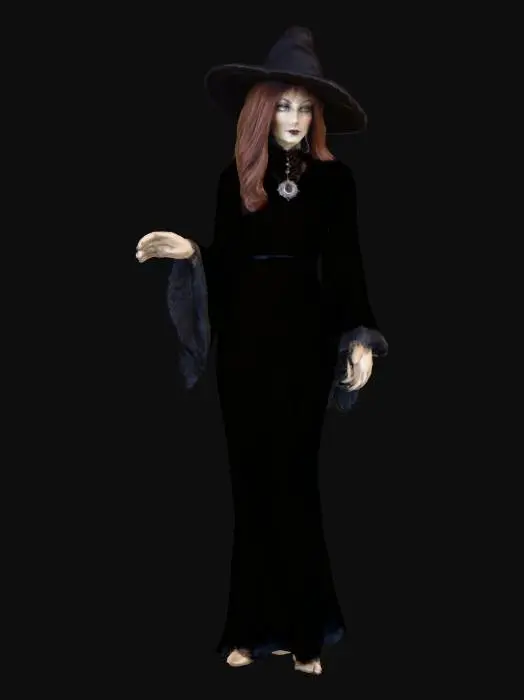 3D model for Une très belle sorcière de Salem, à la silhouette élancée et gracieuse. Elle est vêtue d'une longue robe en velours noir profond, d'une texture riche et douce, avec des manches évasées et des accents de dentelle fine. Son chapeau conique, en feutre sombre et rigide, met en valeur son visage aux traits délicats et aux yeux clairs et intenses. Une broche en argent vieilli, gravée d'un symbole discret, orne son corsage, ajoutant une touche froide et métallique à son allure mystérieuse.