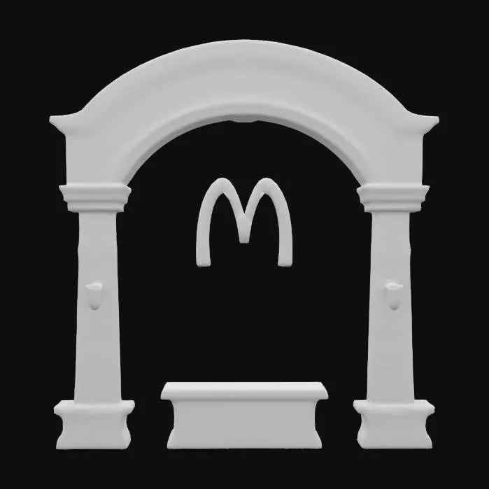 3D model for #arch#, Style dessin animé, Ultra-réaliste, Vielle arch Mcdonald's, peinture usée par le temps et salissures. Texture réaliste et très détaillée, Détails fins, Lignes épurées, Couleurs vives., #arch#