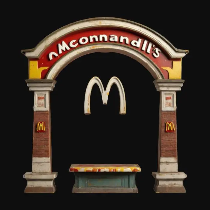 3D model for #arch#, Style dessin animé, Ultra-réaliste, Vielle arch Mcdonald's, peinture usée par le temps et salissures. Texture réaliste et très détaillée, Détails fins, Lignes épurées, Couleurs vives., #arch#