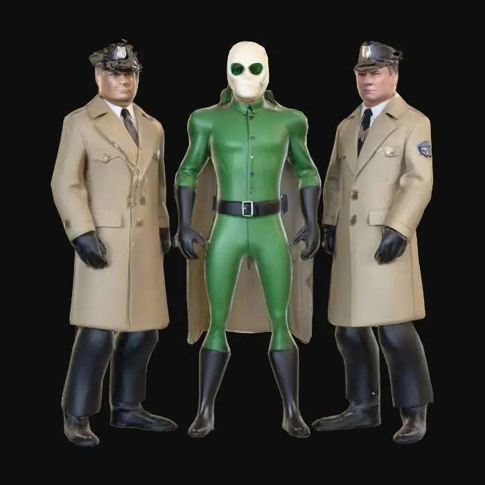 3D model for #villain#,
Deux policiers américain des années 1950, en costumes sombres de laine peignée et imperméables en gabardine beige, présentent des textures lisses et rigides. Leurs casquettes en tissu assorti complètent l'uniforme. Ils sont aux côtés d'un super-vilain élancé, vêtu d'une combinaison moulante vert émeraude en tissu synthétique brillant. Ce dernier porte des bottes et des gants noirs, et un masque rigide blanc cassé en forme de crâne stylisé, aux contours nets., #villain#