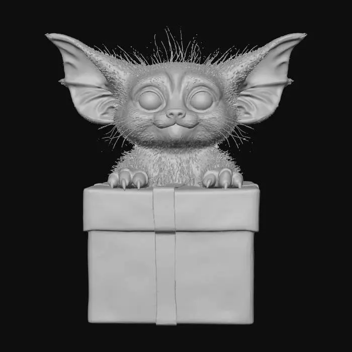 3D model for #Christmas2025#, Gizmo, un Mogwai issue de l'univers du film les Gremlins. Sort d'une boite cadeau placée au pieds d'une sapin de noël richement décoré.