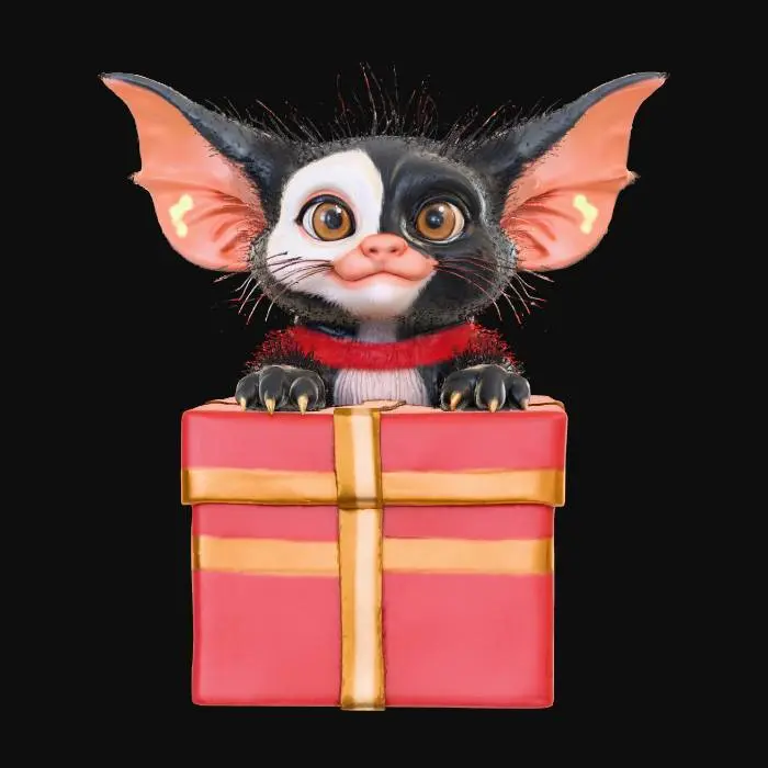 3D model for #Christmas2025#, Gizmo, un Mogwai issue de l'univers du film les Gremlins. Sort d'une boite cadeau placée au pieds d'une sapin de noël richement décoré.