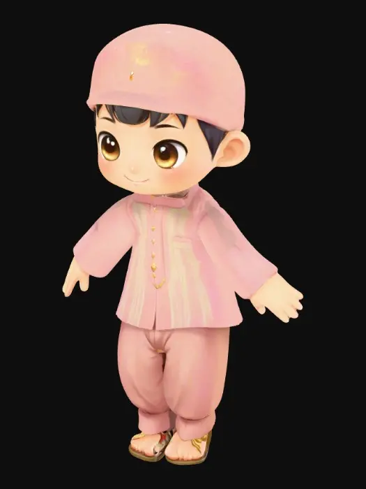 3D model for A super cute chibi boy character wearing a kopiah (Muslim cap) and a traditional baju melayu with sampin. He has a round adorable face with big sparkling eyes and a cheerful smile. The clothing is neat, modest, and colorful in pastel tones. The proportions are chibi-style (small body, big head), with a charming and wholesome vibe. With t pose