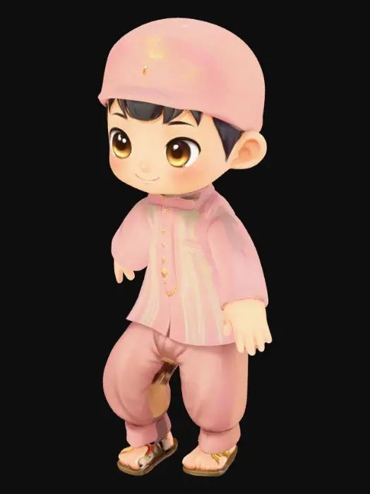 3D model for A super cute chibi boy character wearing a kopiah (Muslim cap) and a traditional baju melayu with sampin. He has a round adorable face with big sparkling eyes and a cheerful smile. The clothing is neat, modest, and colorful in pastel tones. The proportions are chibi-style (small body, big head), with a charming and wholesome vibe. With t pose