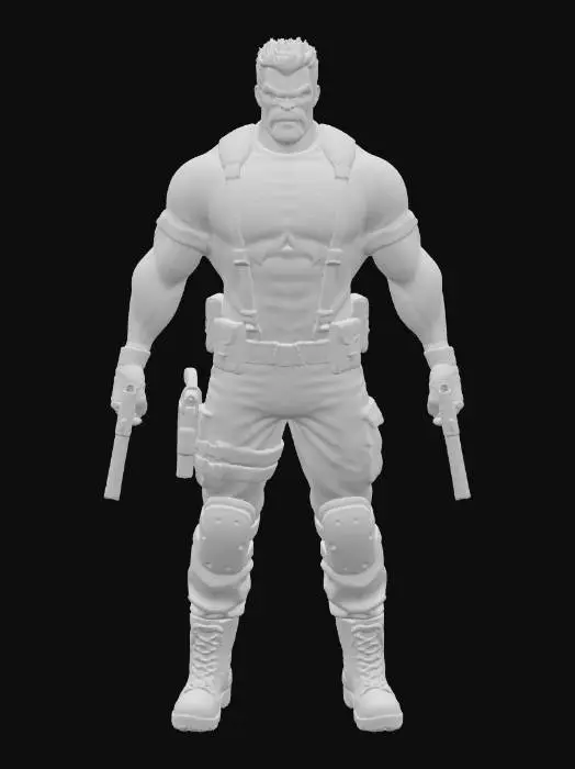 3D model for The hero is The Punisher, shown in a powerful 3D full-body depiction. He has a muscular build with a stern, intimidating expression and short, dark hair.

He wears a black t-shirt featuring the iconic white skull emblem across his chest, the unmistakable symbol of The Punisher. His outfit is completed with black tactical pants, a utility belt with pouches, and combat boots, emphasizing his militaristic, vigilante style.

Across his shoulders are tactical straps, and he grips a pair of black pistols in gloved hands, ready for action. The dark backdrop enhances his grim presence, highlighting his ruthless and no-nonsense persona as a vigilante who wages war on crime.