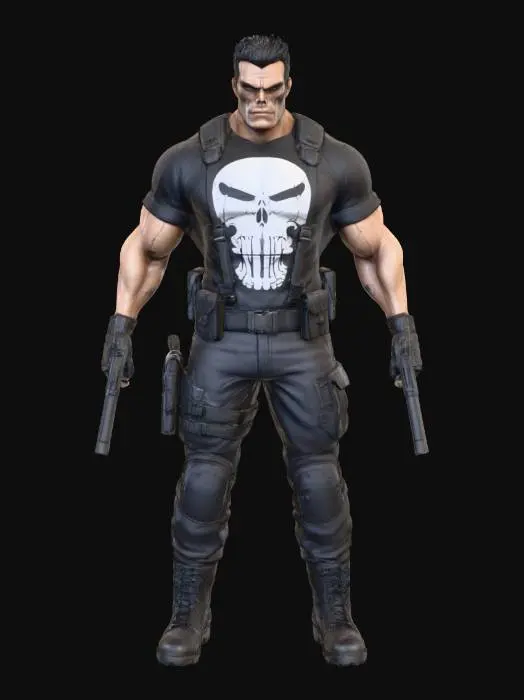 3D model for The hero is The Punisher, shown in a powerful 3D full-body depiction. He has a muscular build with a stern, intimidating expression and short, dark hair.

He wears a black t-shirt featuring the iconic white skull emblem across his chest, the unmistakable symbol of The Punisher. His outfit is completed with black tactical pants, a utility belt with pouches, and combat boots, emphasizing his militaristic, vigilante style.

Across his shoulders are tactical straps, and he grips a pair of black pistols in gloved hands, ready for action. The dark backdrop enhances his grim presence, highlighting his ruthless and no-nonsense persona as a vigilante who wages war on crime.