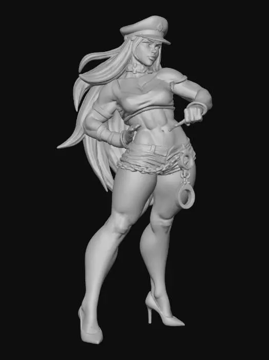 3D model for Create a stylized, semi muscular female figure with a bold and confident appearance. She has long, flowing magenta hair that cascades down her back and wearing a blue miltary captains hat.  Her outfit is edgy and revealing: a cropped white tank top that shows off her toned midsection, and very short denim shorts accessorized with a chain belt and a large metal ring attachment.  She also wearing a belt like neckband.

She’s wearing bright red high heels, adding a striking contrast to her otherwise casual street-inspired look. Around her wrists are black bands or cuffs, enhancing the tough, rebellious aesthetic. Her stance is strong and assertive, with one hand resting on her hip almost confrontational presence.

Overall, she projects a mix of athleticism, strength, and punk-style boldness.