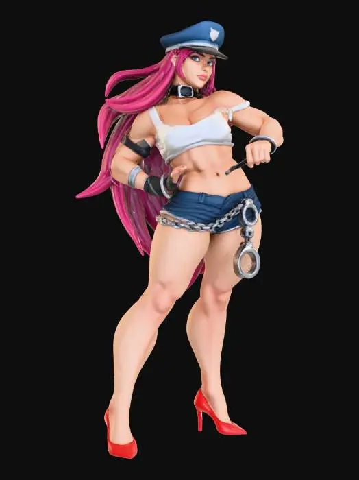 3D model for Create a stylized, semi muscular female figure with a bold and confident appearance. She has long, flowing magenta hair that cascades down her back and wearing a blue miltary captains hat.  Her outfit is edgy and revealing: a cropped white tank top that shows off her toned midsection, and very short denim shorts accessorized with a chain belt and a large metal ring attachment.  She also wearing a belt like neckband.

She’s wearing bright red high heels, adding a striking contrast to her otherwise casual street-inspired look. Around her wrists are black bands or cuffs, enhancing the tough, rebellious aesthetic. Her stance is strong and assertive, with one hand resting on her hip almost confrontational presence.

Overall, she projects a mix of athleticism, strength, and punk-style boldness.