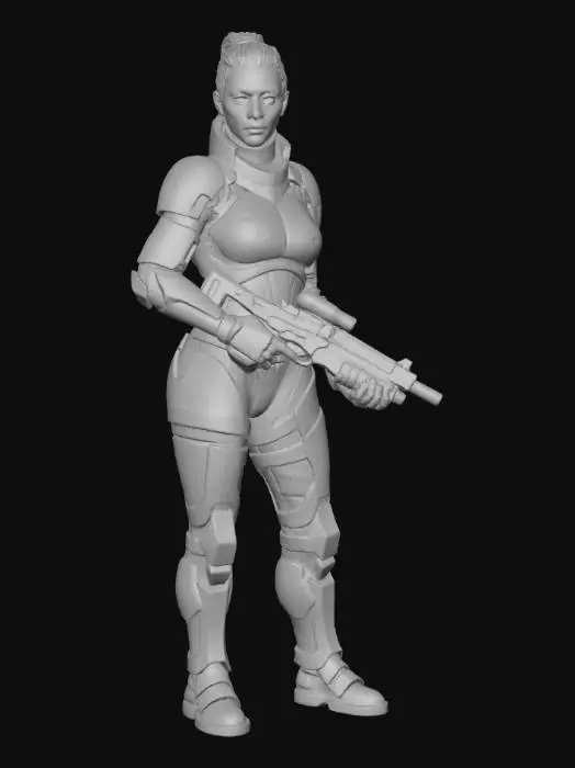 3D model for Create a female solder. She wears futuristic white and red segmented Alliance-style combat armor, which appears rugged and battle-worn. The armor is form-fitted yet heavily plated. Red stripes run across the chest, arms, and legs. Black undersuit fabric fills the gaps at the joints and contours her figure, while reinforced boots and knee guards add to her heavy-duty appearance.
Her posture projects discipline and focus, with squared shoulders and her weight evenly distributed, ready for action.
Her face is sharp and serious, with a determined expression with minimal makeup—natural beauty emphasizing her no-nonsense character. Her dark brown hair is pulled back into a high ponytail, practical for combat but still giving her a distinctly feminine presence.