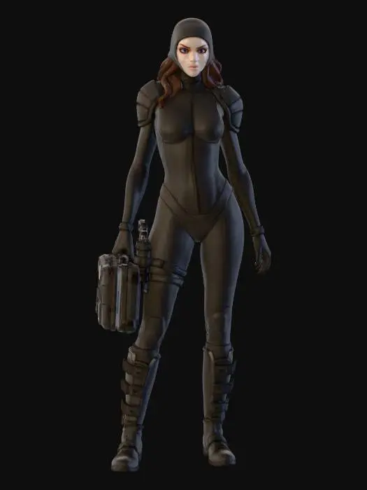 3D model for She has a slender, tall figure with very pale skin. Her outfit is a tight, black, body-hugging suit resembling a mix between a tactical bodysuit and high-tech combat gear. The suit has a front zipper running from the chest down to the torso, long sleeves, and integrated padding on the shoulders.

Her dark brown hair is styled loosely and partially tucked under a sleek head covering. Her makeup is striking — with dark, bold eyeliner and pale, almost white lipstick, giving her a cold, commanding look.

Accessories include black gloves, a holstered weapon strapped to her right thigh, and an additional firearm or equipment case held in her left hand. High, black boots extend up to her knees, completing the tactical look. 